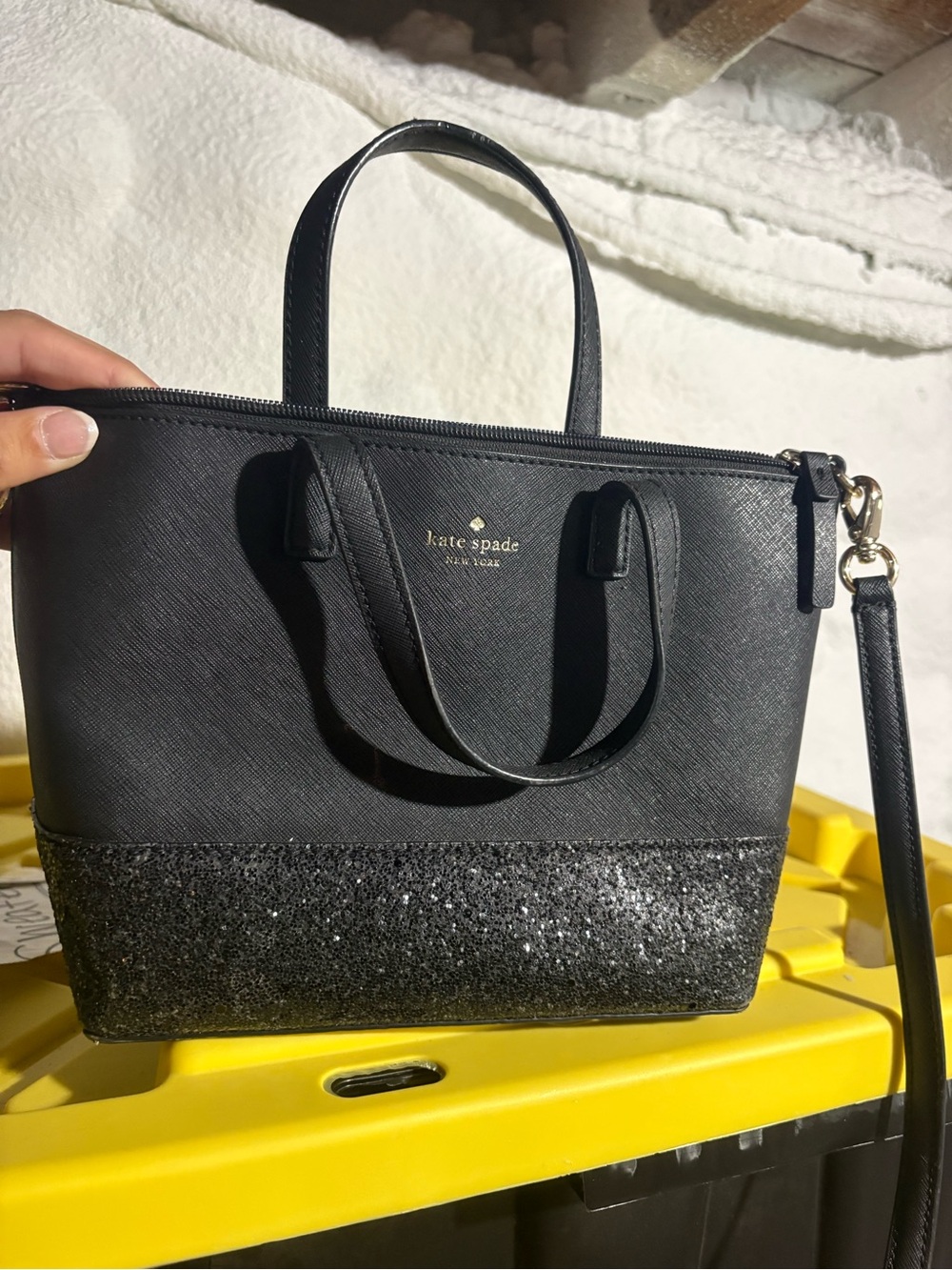 kate spade black glitter-accent leather tote